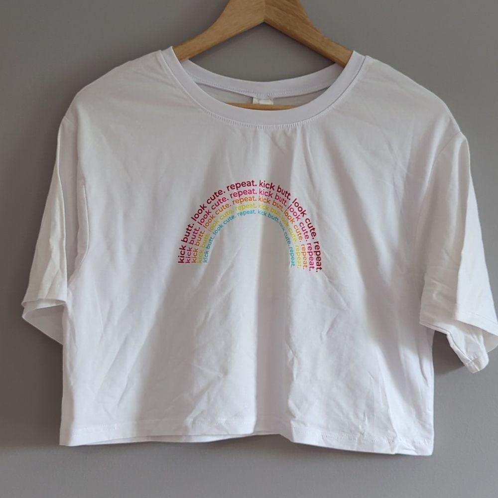 Fabletics White Crop Top with Rainbow Text